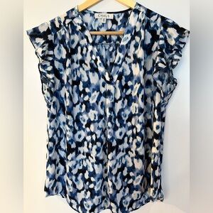 Blue Abstract Semi Sheer Blouse | Chaus | Ruffle Sleeve V-Neck Top | Size M